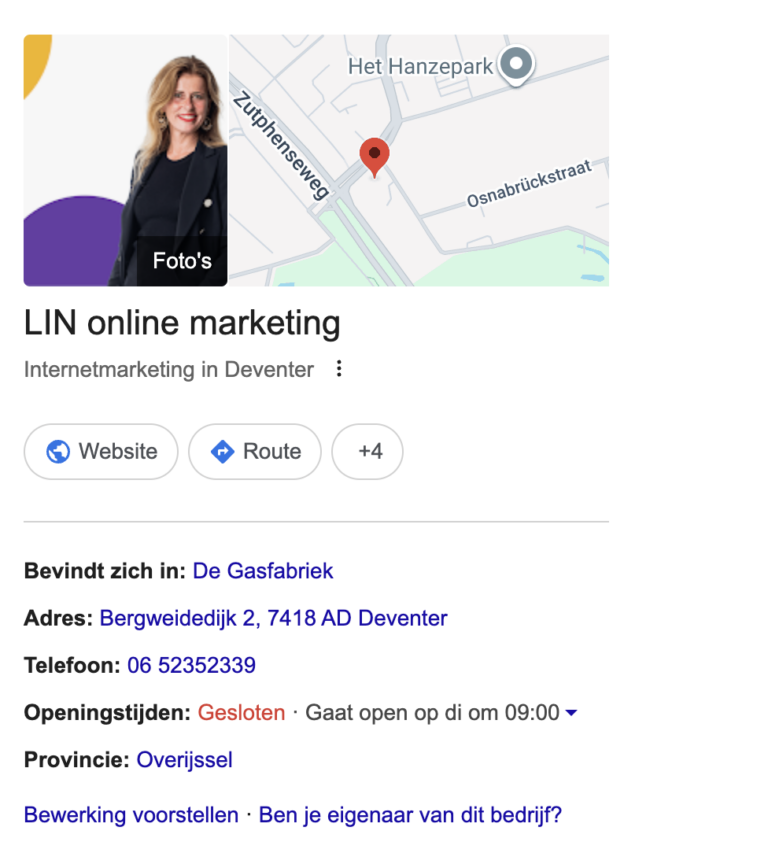 Google Business Profile van LIN online marketing in Google zoekresultaten